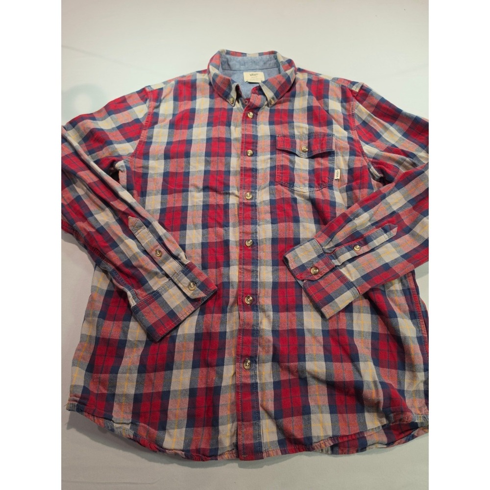 Vans Off The Wall Mens Medium Red Blue Plaid Flannel‎ Button Down Classic Fit